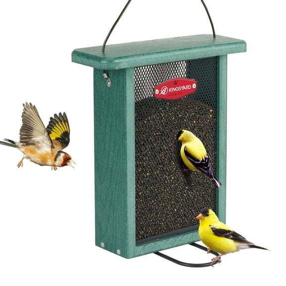 Kingsyard Metal Mesh Bird Feeder for Outdoors Hanging, Finch Feeder for Nyjer/Thistle, Sliding Mesh & Built-in Perch, Recycled Plastic, Green