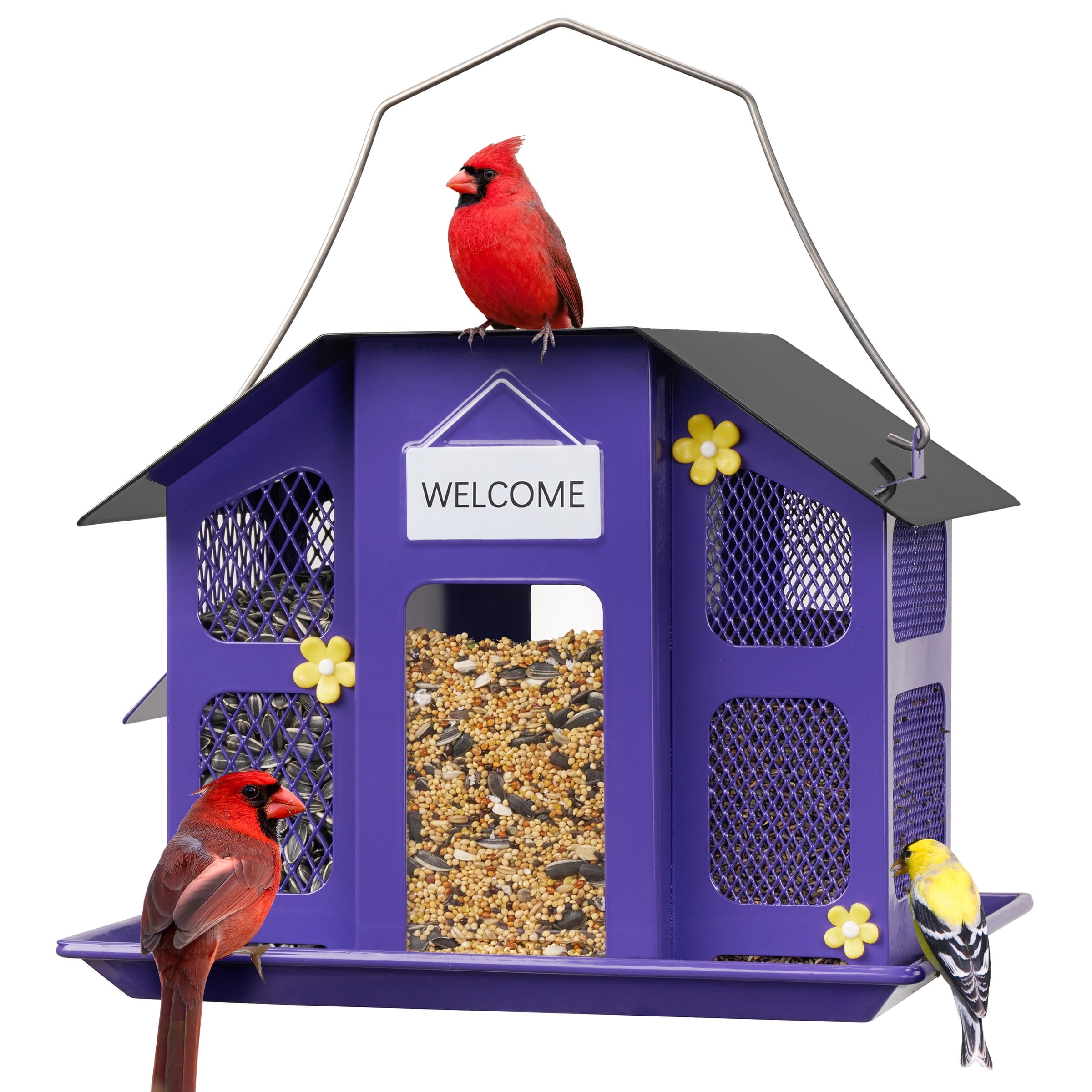 Kingsyard Metal Wild Bird Feeder House for Outdoor Hanging with Triple Feeders, Weatherproof, Purple