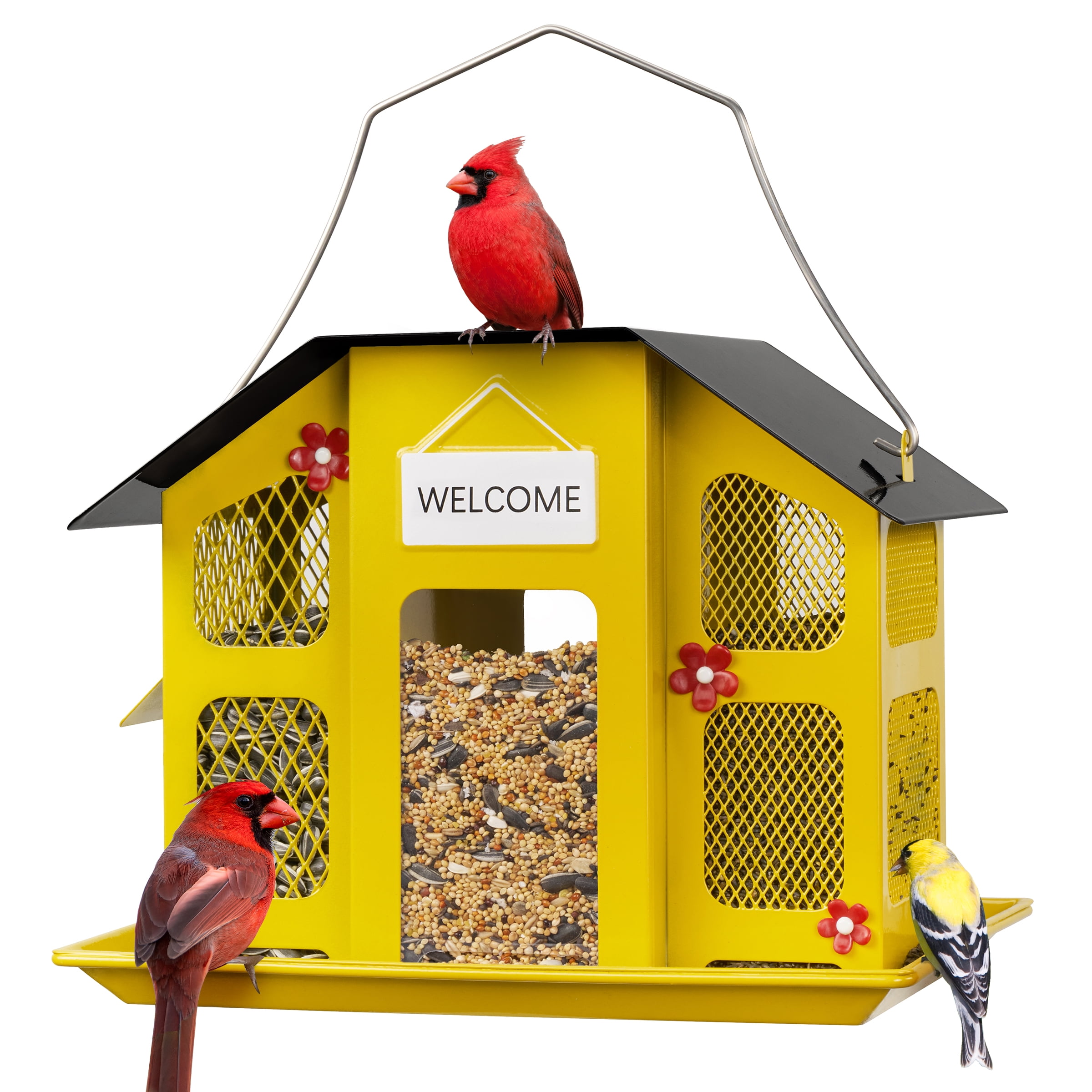 Kingsyard Metal Wild Bird Feeder House for Outdoor Hanging with Triple Feeders, Weatherproof, Yellow