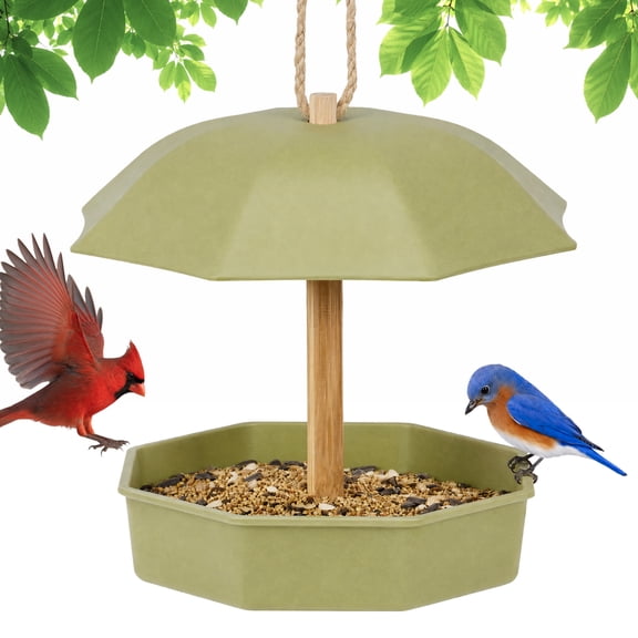 Kingsyard Bamboo Fiber Platform Bird Feeder with Roof, 1.5 lb Capacity, Olive Green