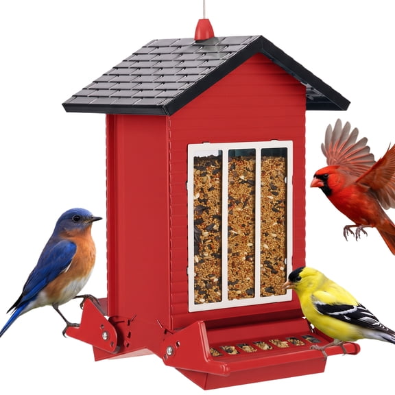 Kingsyard Red Cottage Hopper Bird Feeder for Outdoors, Hanging Wild Bird Seed Dispenser
