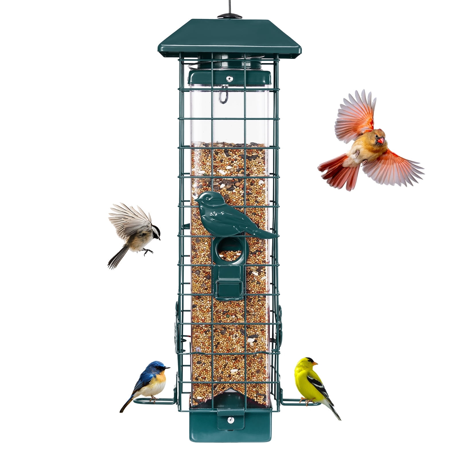 Kingsyard Squirrel Proof Bird Feeder for Outdoor Hanging, Metal Tube, 3 lbs Capacity, 4 Ports, Green