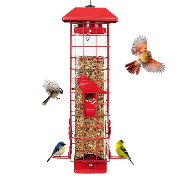 Kingsyard Squirrel Proof Bird Feeder for Outdoor Hanging, Metal Tube, 3 lbs Capacity, 4 Ports, Red