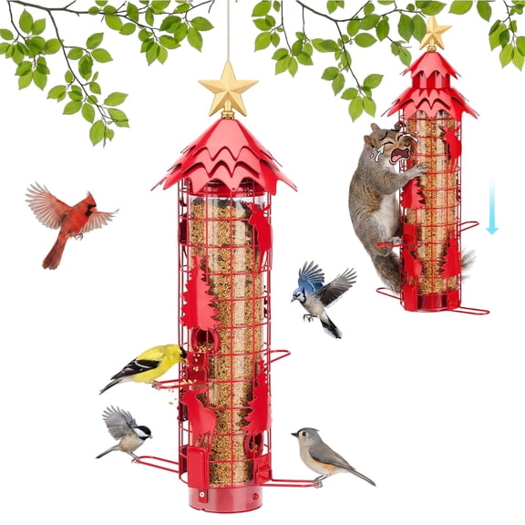 Kingsyard Squirrel Proof Tube Bird Feeders for Outdoors Hanging, Red