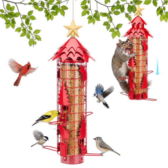 Kingsyard Squirrel Proof Tube Bird Feeders for Outdoors Hanging, Red