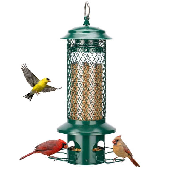 Kingsyard Squirrel Resistant Tube Bird Feeder, Green Metal Caged Wild Bird Seed Dispenser for Outdoors