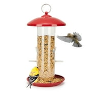 Kingsyard Tube Bird Feeders for Outside Hanging, Finch Feeder with Metal Round Tray, Red
