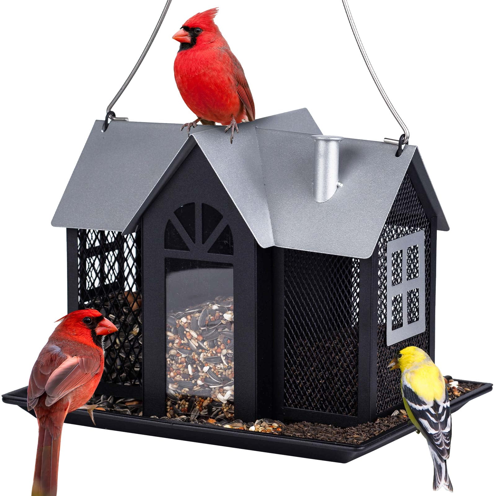 Kingsyard Weatherproof Metal Bird Feeder House, Triple Feeders for Outside Finch Cardinal, Black