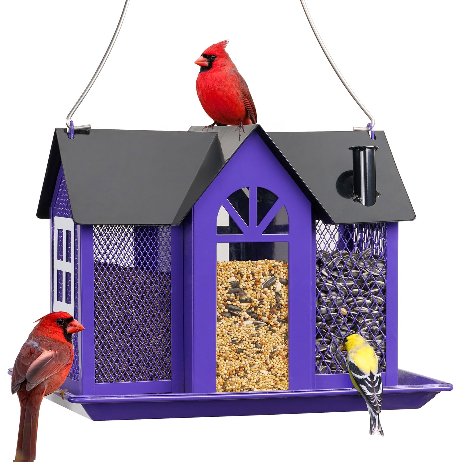 Kingsyard Weatherproof Metal Bird Feeder House, Triple Feeders for Outside Finch Cardinal, Purple