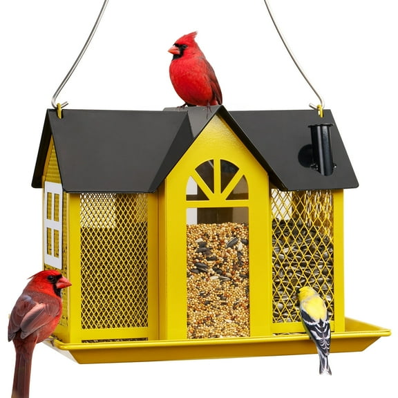 Kingsyard Weatherproof Metal Bird Feeder House, Triple Feeders for Outside Finch Cardinal, Yellow