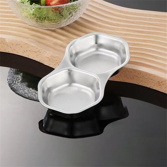 Kingtowag (2 Compartment Vinegar Seasoning Dishes), Stainless Steel Divided Dipping Plates, 2 Compartment Vinegar Seasoning Dishes for Soy Sauce, Condiment Tray for Hot Pot Bbq, Easy To Store, #B