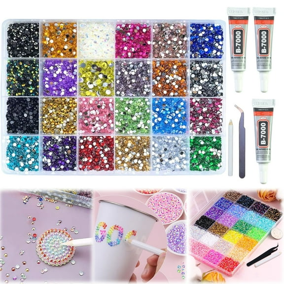 Kingtowag 24-Compartment 24,000 Pieces Colored Crystal Flat Bottom Rhinestones Diy Kit with With Tweezers, Pen, 3 Tubes of Glue, Gemstone Jewelry Making Kit for Crafts and Phone Cases