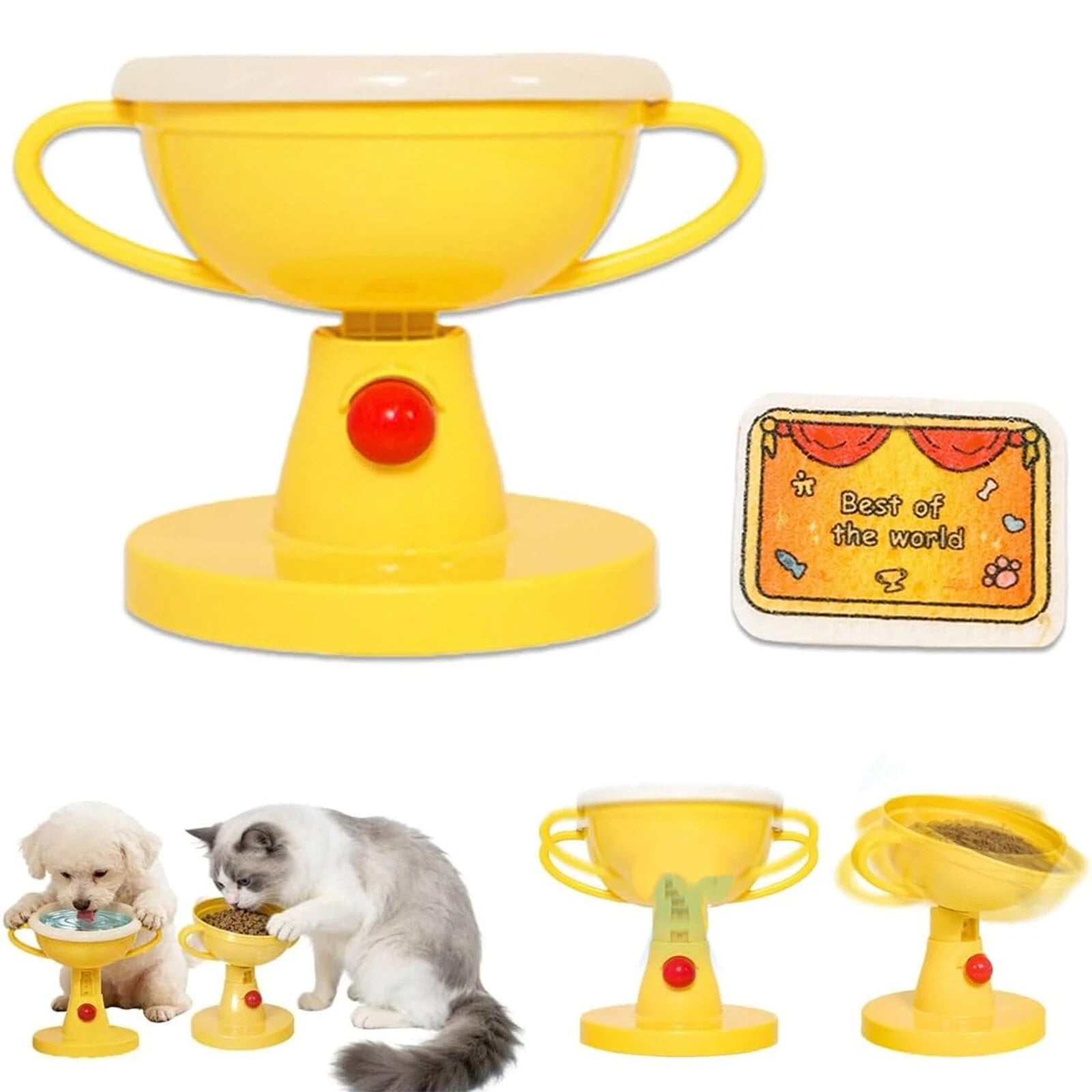 Kingtowag Adjustable Ceramic Pet Bowl Trophy with Certificate Wiper, Elevated Feeder Anti Stand, Adjustable Elevated Pet Bowl Stand Trophy Shaped Novelty Feeder, 5 Height Settings