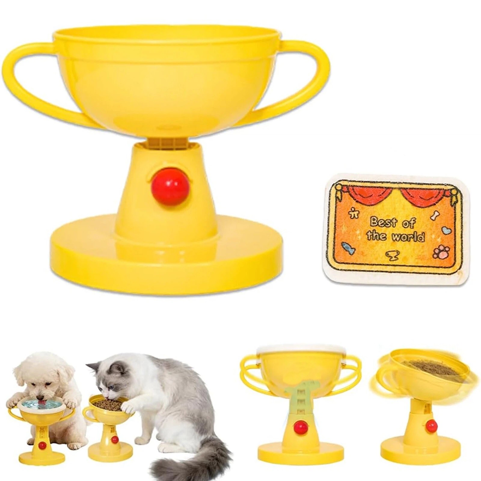 Kingtowag Adjustable Pet Bowl Plastic with Certificate Holder Wiper, Elevated Feeder Anti Stand, Adjustable Elevated Pet Bowl Stand Trophy Shaped Novelty Feeder, 5 Height Settings