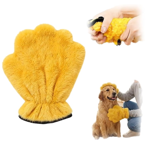 Kingtowag Coral Fleece Pet Grooming Gloves Yellow, Multi Functional Towel Mittens Quick Drying Dog Bathing, Absorbent Towel Mittens for Pet Drying & Grooming