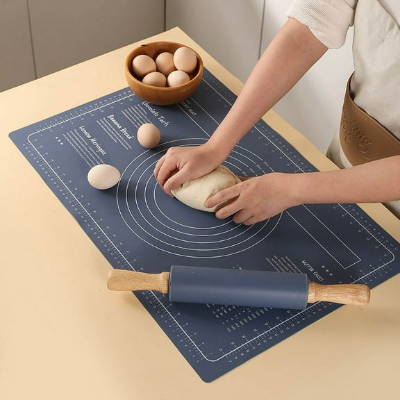 Kingtowag Dark Blue Rolling Pin Mat Nonstick Dough, Silicone Rolling Pin and Mat Set, Nonstick for Baking and Dough