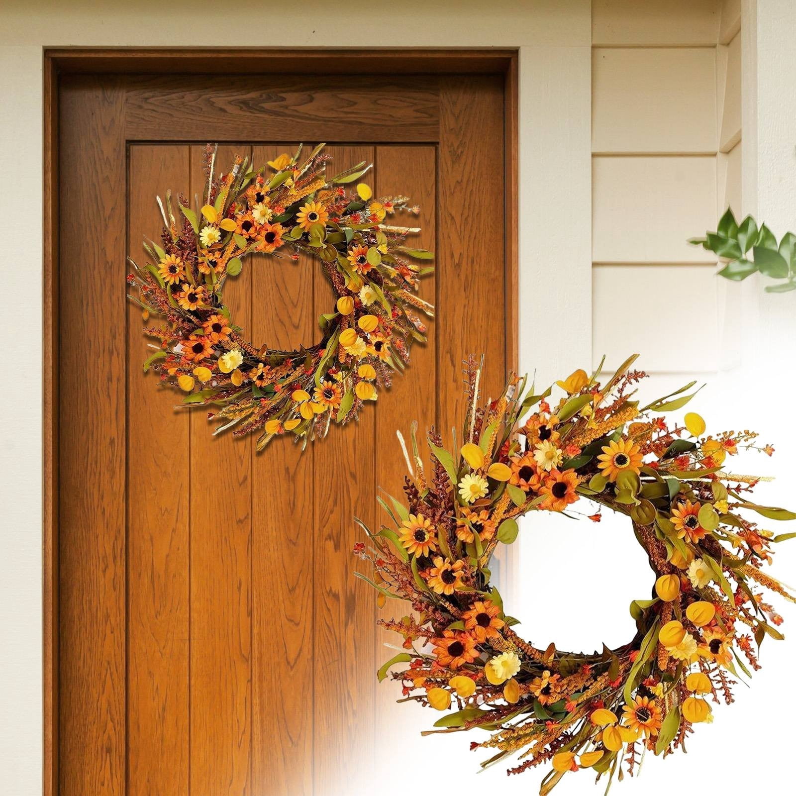 Kingtowag Fall Wreath with Daisies Wheat Orange Leaves Front Door