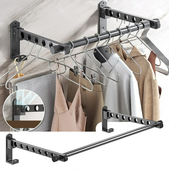 Kingtowag Gray Retractable Clothes Hanger with Pole, Creative Stacked Clothes Hanger Wall Mounted, Retractable and Space-Saving