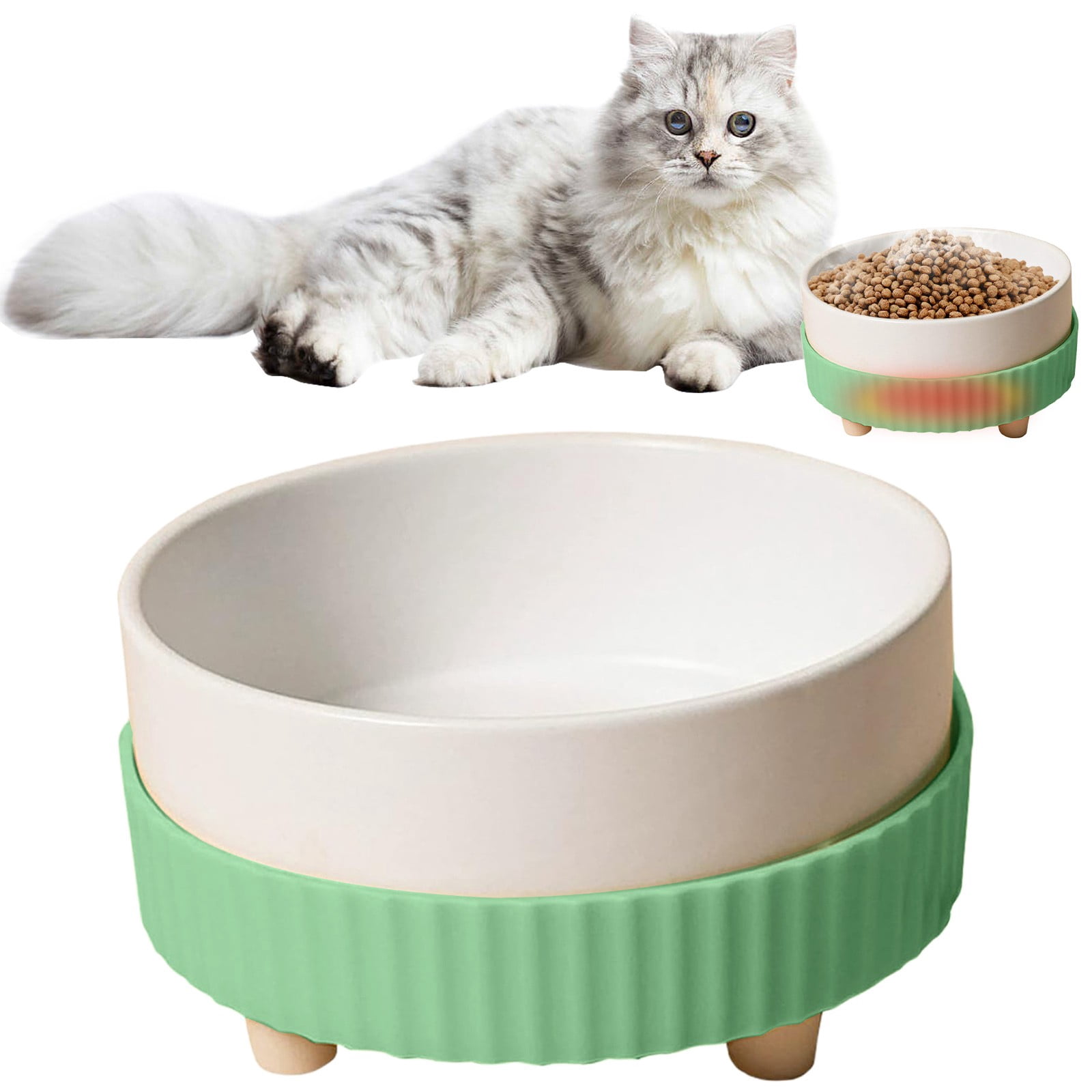 Kingtowag Heated Pet Water Bowl Ceramic 450ml USB 5V Green Base, Thermal Bowl for Dogs Cats Winter, 5.3inch 450ml USB Thermal Bowl Anti-Freezing, Heated Water Bowl