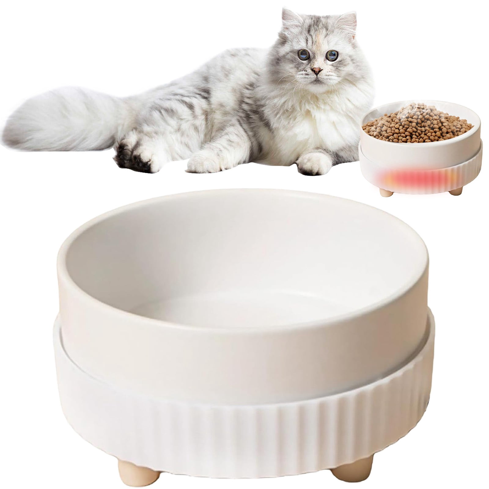 Kingtowag Heated Pet Water Bowl Ceramic 450ml USB 5V White Base, Thermal Bowl for Dogs Cats Winter, 5.3inch 450ml USB Thermal Bowl Anti-Freezing, Heated Water Bowl