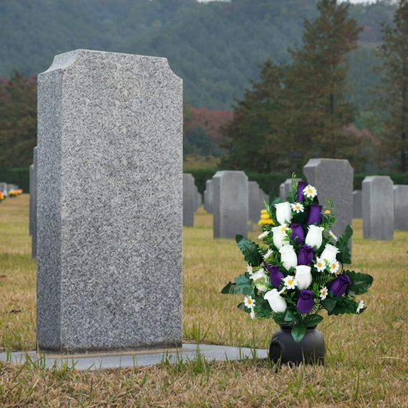 Kingtowag Purple and white artificial cemetery flowers, Artificial cemetery flowers with vase, realistic roses for memorial decor