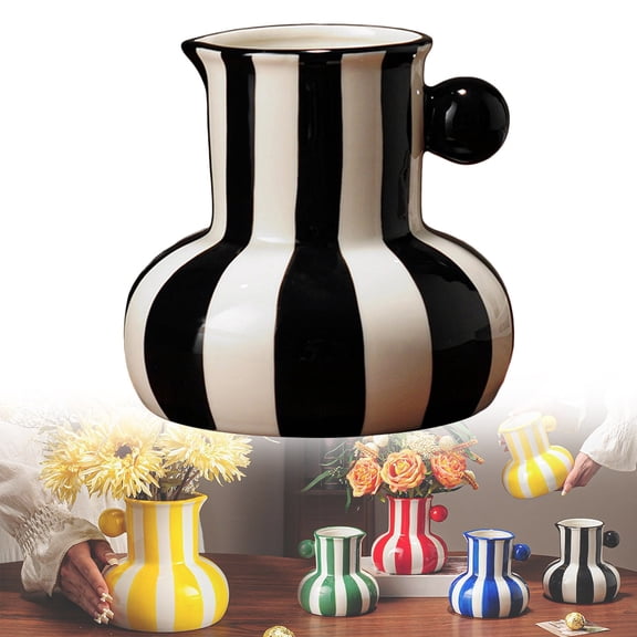 Kingtowag Striped Ceramic Vase with Handle, Tabletop Flower Arrangement, Scandinavian Ceramic Vase, Hand-Painted Tabletop Centerpiece, Minimalist Floral Display Vessel (#E)