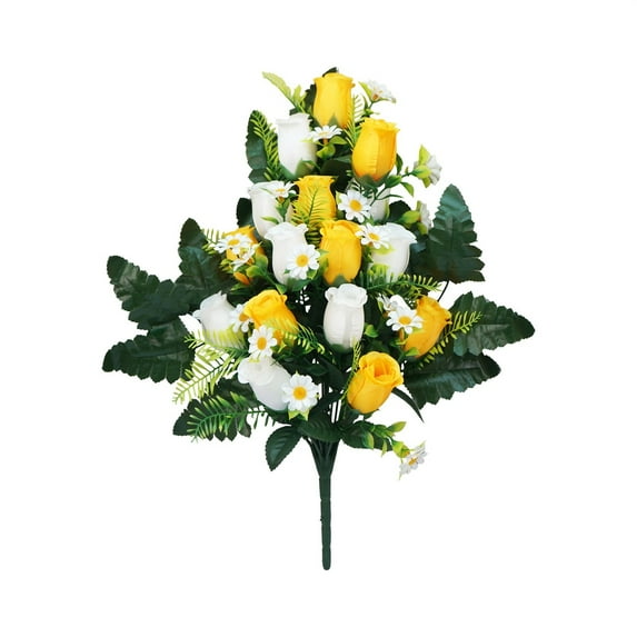 Kingtowag Yellow and white artificial cemetery flowers, Artificial cemetery flowers with vase, realistic roses for memorial decor