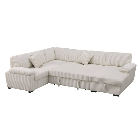 Kingway 4 Piece Upholstered Corduroy Sleeper Sectional Sofa With Storage Chaise