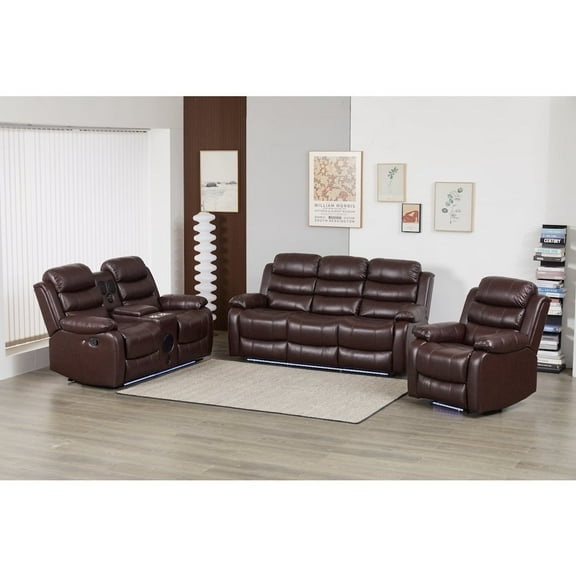 Kingway Faux Leather Manual Reclining Sofa Set 3-Piece Home Theater Seating