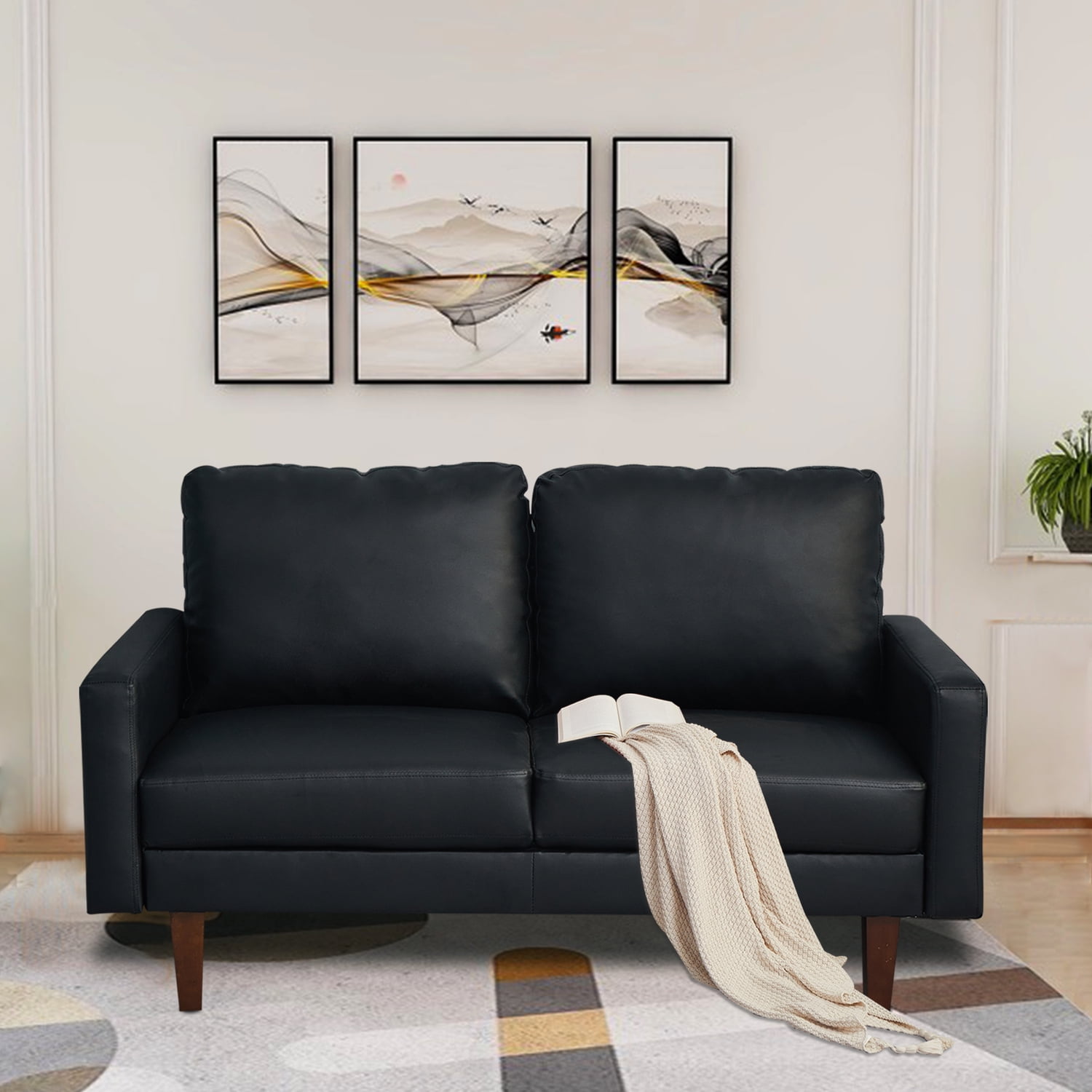 Kingway Furniture Aneley Faux Leather Living Room Loveseat in Black
