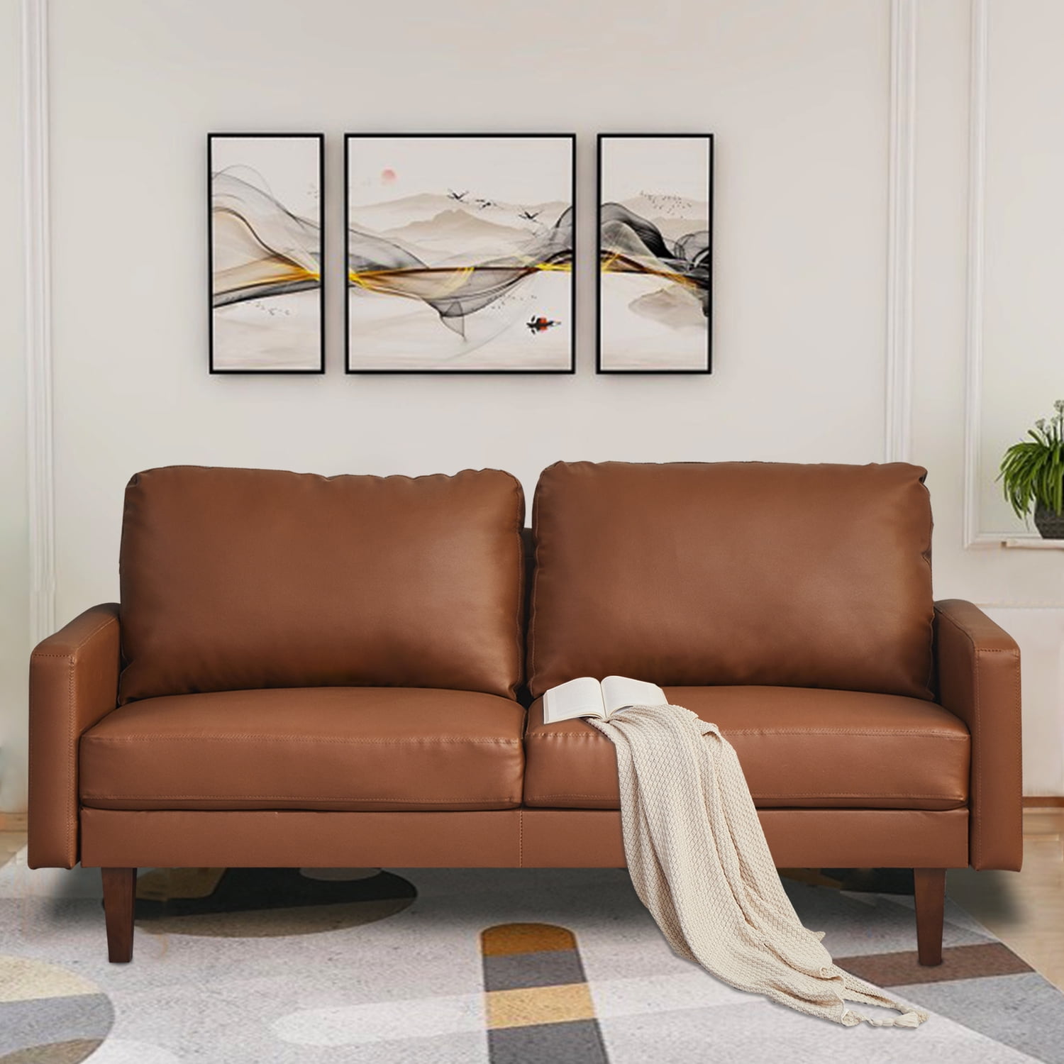 Kingway Furniture Mid-Century Modern Faux Leather Couch in Brown ...