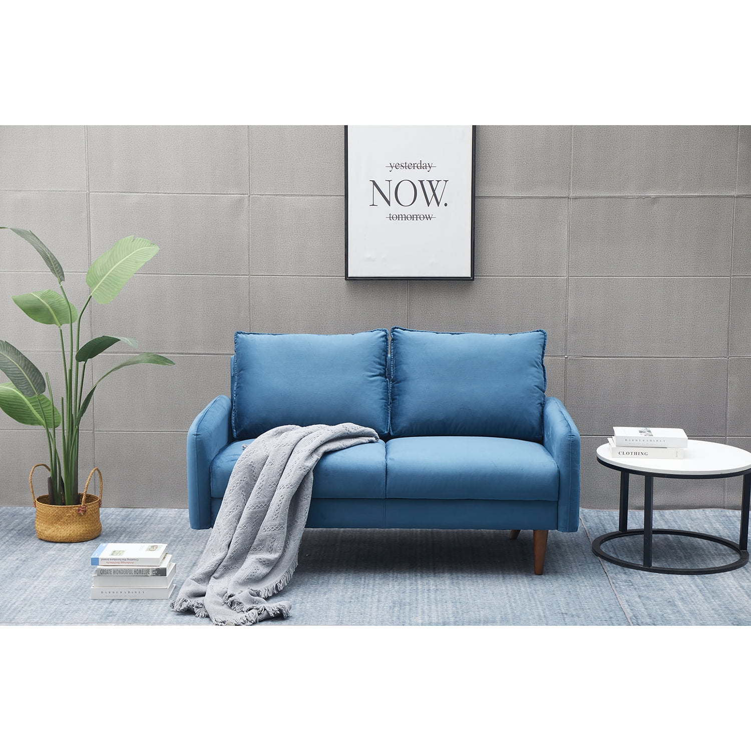 Prussian Blue Velvet Loveseat with Solid Wood Legs