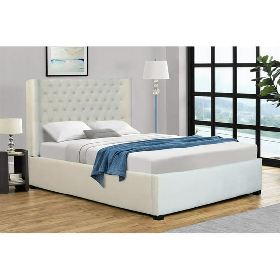 Kingway Furniture Ceder Velvet Platform Queen Bed in Beige