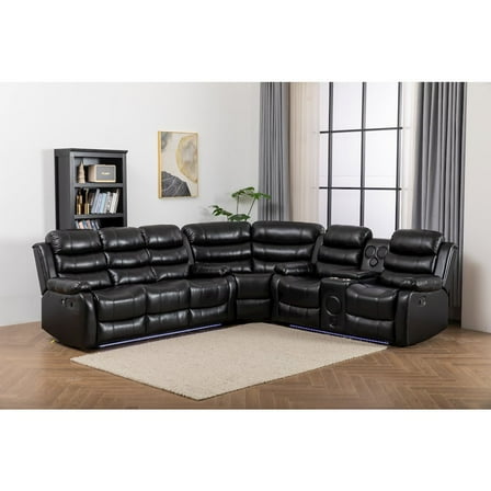 Kingway Furniture Faux Leather Reclining Sectional Sofa, Black