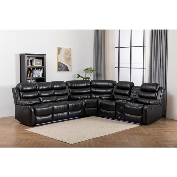 Kingway Furniture Faux Leather Reclining Sectional Sofa, Black