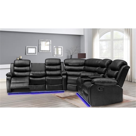 Kingway Furniture Faux Leather Reclining Sectional Sofa, Black