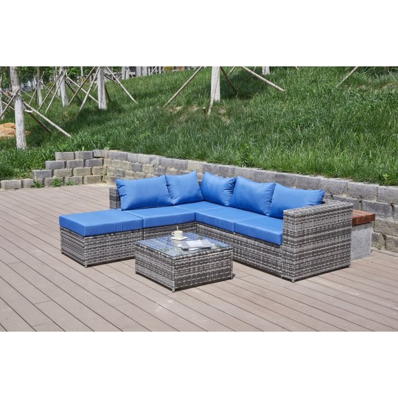 Kingway Furniture Venor Blue Wicker/Rattan Sectional with Glass top Coffee table