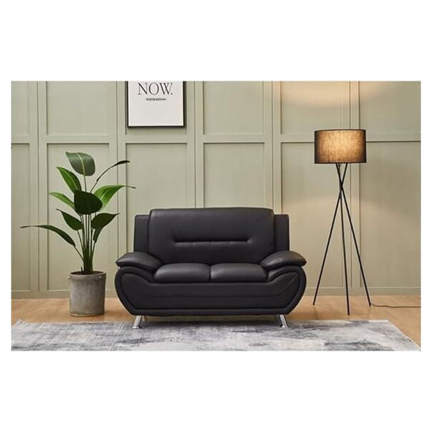 Kingway Furniture Modern Black Faux Leather Loveseat for Living Room ...