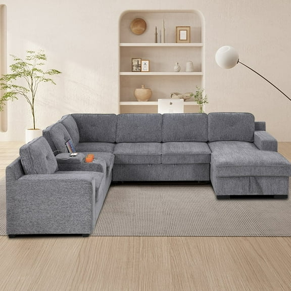 Kingway U-Shaped Upholstered Sectional with Sleeper Sofa, Console with USB & Chaise