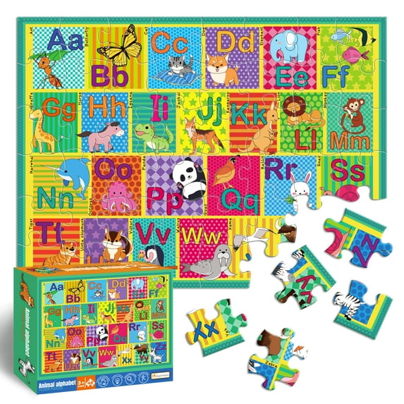 Kingwora 48 Pcs Animal Letter a-Z Alphabet Floor Puzzle for Kids,Vivid Animal Letter Games for Toddlers