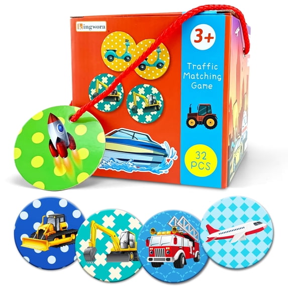 Kingwora 16-Pair Transportation Theme Memory Matching Card Game for Kids and Toddlers