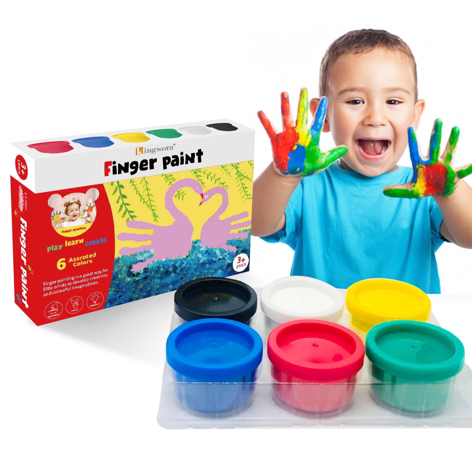 Kingwora Non-Toxic Washable Assorted Colors Finger Paint, 35ml, 6 pcs Pack