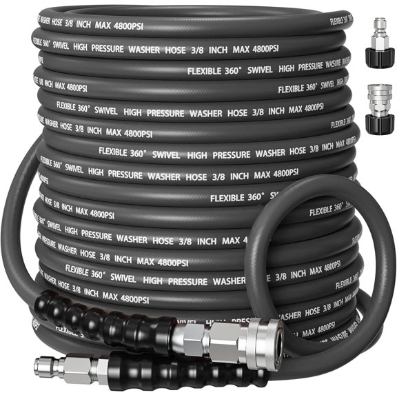 Kink-Resistant 3/8" Pressure Washer Hose 4800PSI(50FT),Steel Wire Braided Wear Resistant Rubber for Commercial, Industrial and Residential Use,Hot&Cold Water Hose with 3/8" Quick Connect