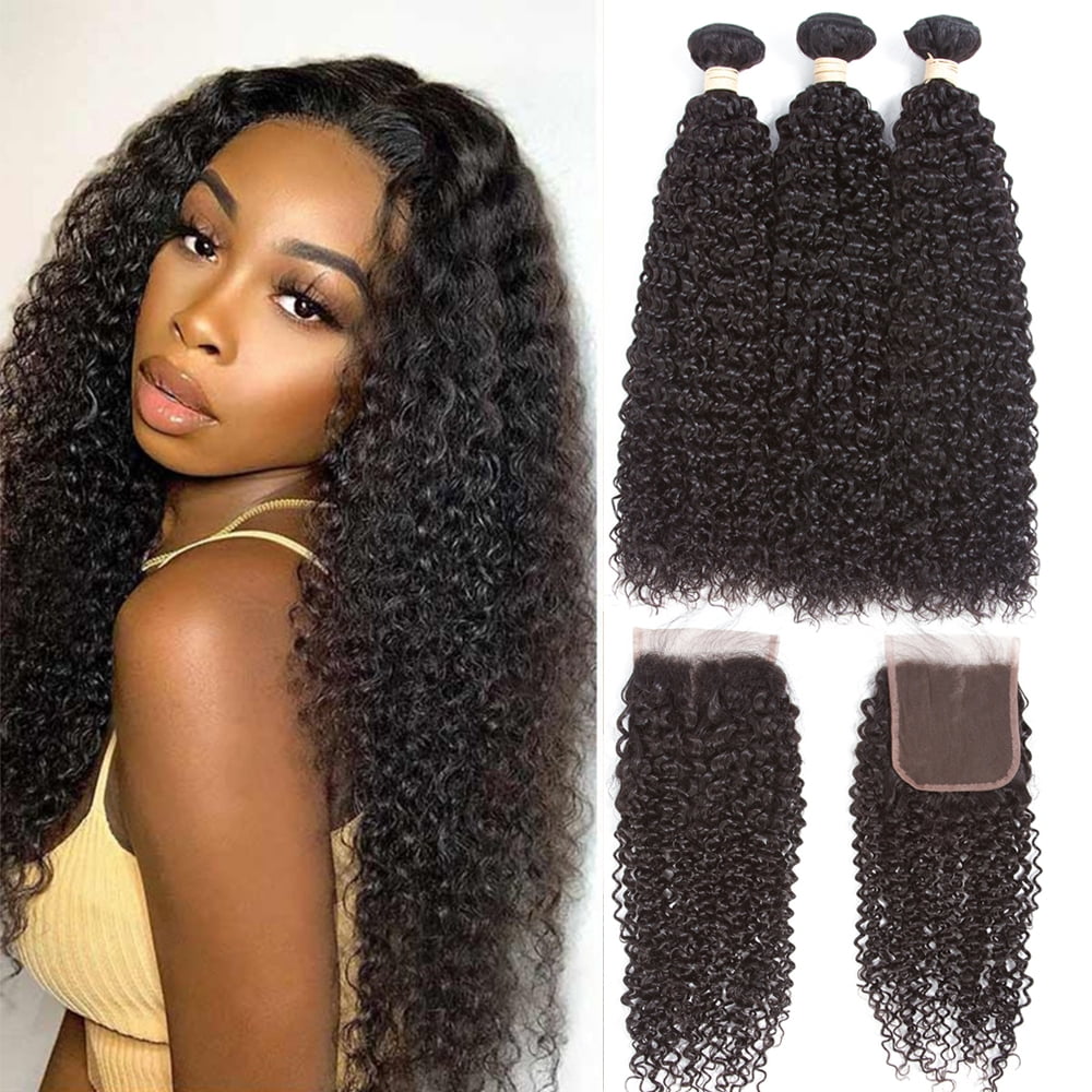 Kinky Curly Bundles with Closure 3 Bundles with Closure Human Hair 12A ...