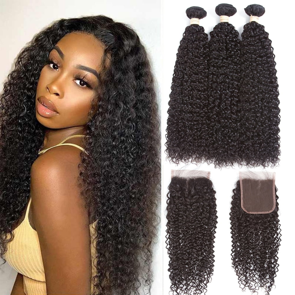 Free Shipping 12A Kinky Curly Weave Human Hair Bundles with Closure 12 14 16 10 Brazilian Curly Hair 3 Bundles with Closure Walmart