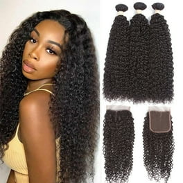 Kinky Curly Bundles with Closure 3 Bundles with Closure Human Hair 12A Unprocessed Remy Brazilian Hair Weave Bundles With Closure 4x4 Swiss Lace 26 28 30 with 24 Inch Natural Black Color 350g