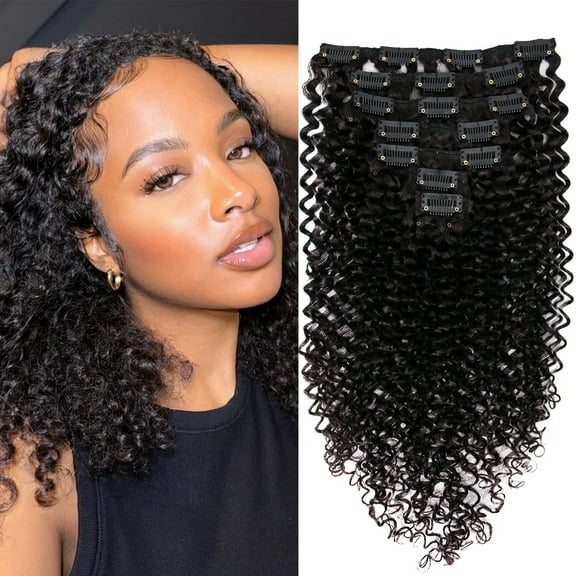 Kinky Curly Clip In Extensions, 3C 4A 100% Brazilian Remy Human Hair Clip Ins, Invisible & Scalp-Friendly, Natural Black Color, 3.52oz, 7Pcs 14 Inch
