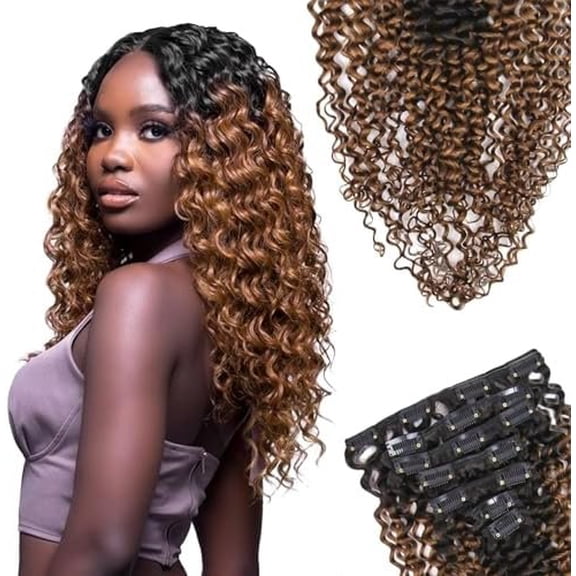Kinky Curly Clip In Extensions, 3C 4A Brazilian Remy Human Hair Clip Ins, Invisible & Scalp-Friendly, Brown Ombre, 3.52oz, 7 count (16 Inch)