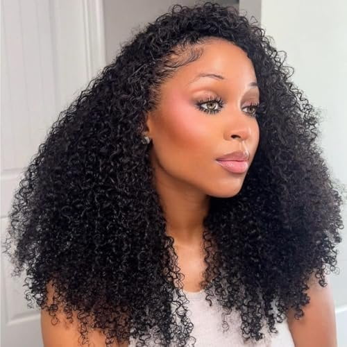 Kinky Curly Half Wig Human 3 in 1 Glueless Wear And Go Human Half Wigs For Women Seamless Flip Over Drawstring Headband Wig 200% Density Beginner Friendly 1B 20inch