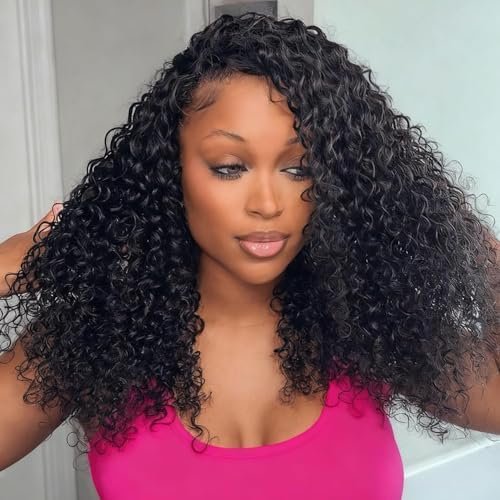 Kinky Curly Half Wig Human Hair 200 Density Glueless Wigs Upgrade 3 IN 1 Half Wig With Drawstring Seamless Clip Ins Flip Over Half Wigs Glueless Headband Wig Beginner Friendly Color 18Inch